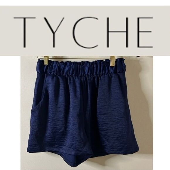 Tyche Navy Blue Textured Satin Dress Shorts M Romantic Feminine Preppy Evening - Picture 4 of 8